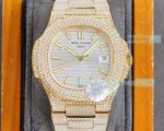 Replica Patek Philippe Nautilus Iced Out Yellow Gold Case Watch White Dial 